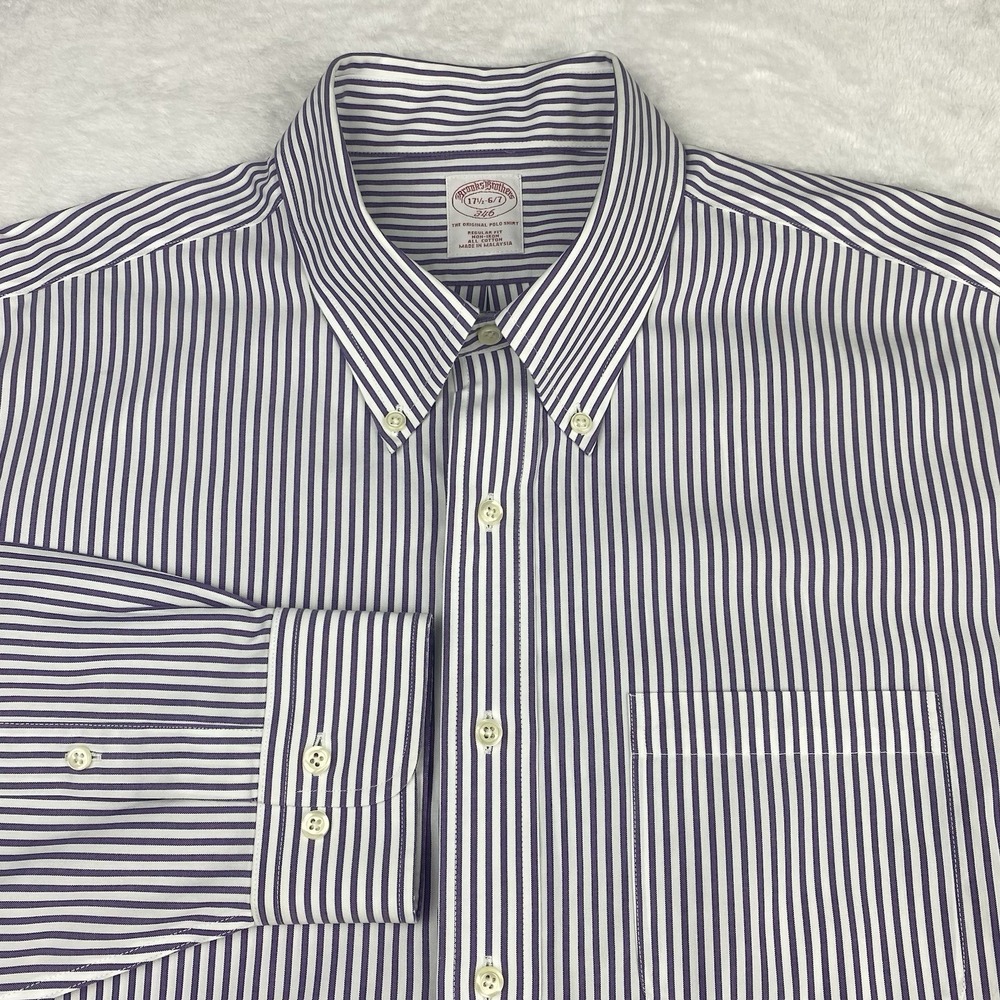Brooks Brothers Dress Shirt Mens 17.5-6/7 Purple/White Stripes Regular No Iron